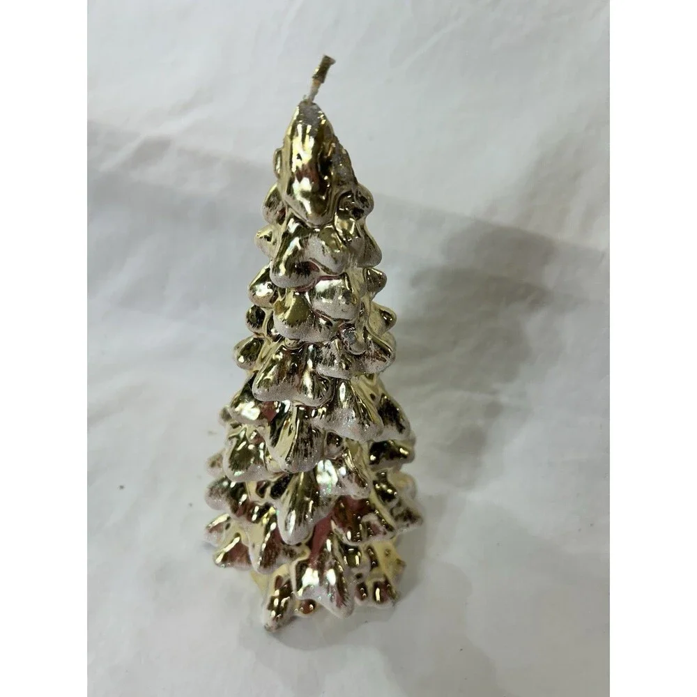 At Home Gold Christmas Tree Candle Snow Holiday Decor Vintage Seasonal